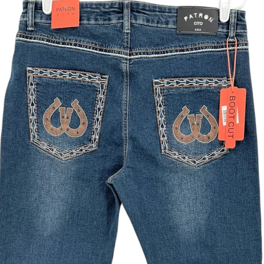 Patron Cito Men's Stretch Straight Leg Embroidered Blue Denim Jeans Sz 36x32 NWT